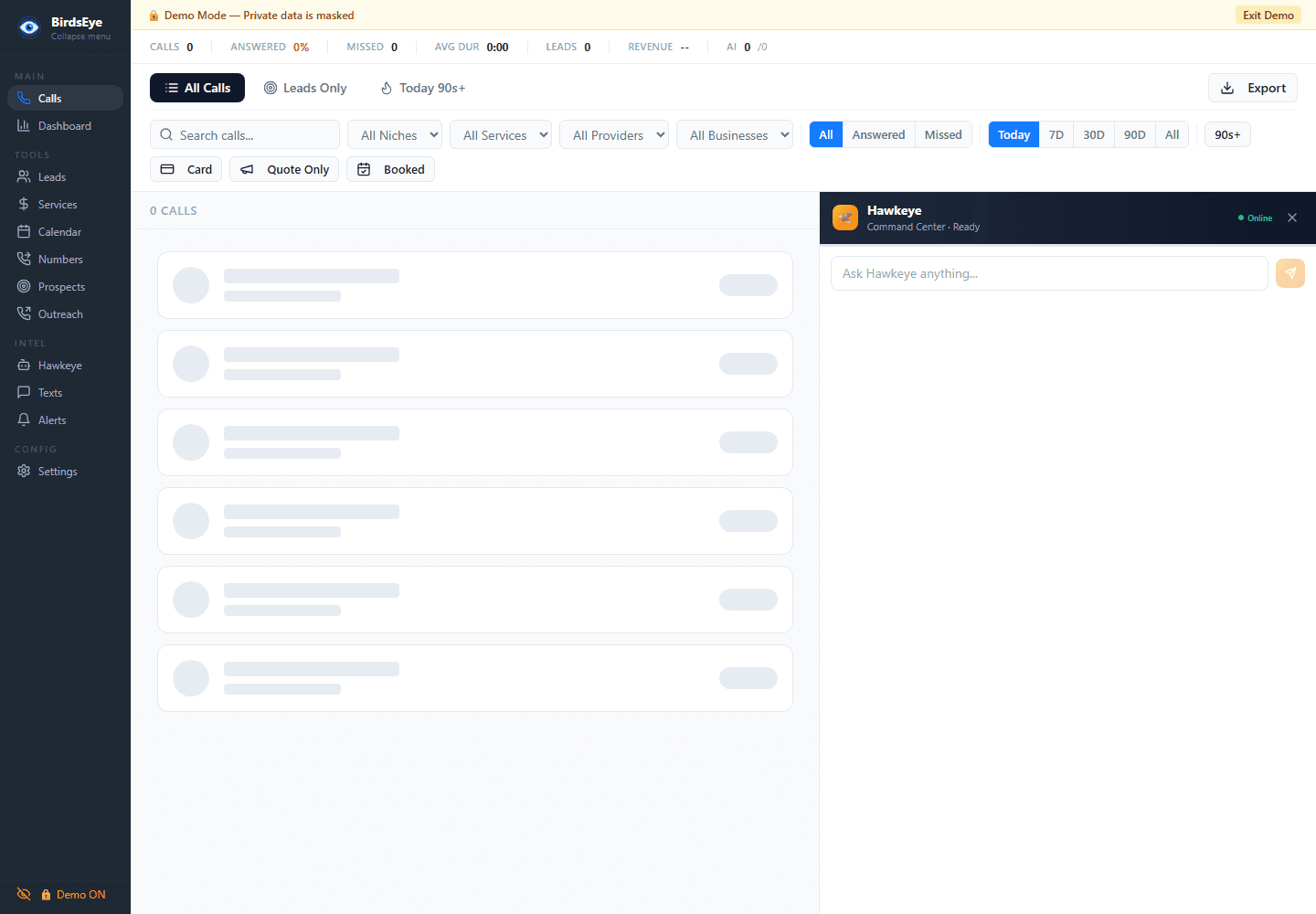 BirdsEyeROI — live call and ROI dashboard (demo mode)